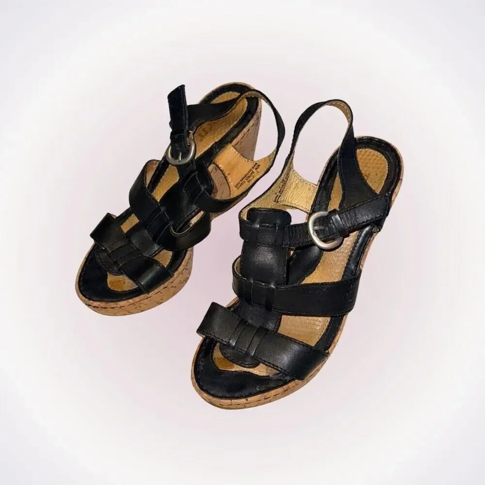 Born Black Patent Leather Cork Wedge Sandals | Sz 7
